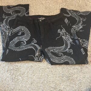 Black Dragon Print Women Jeans